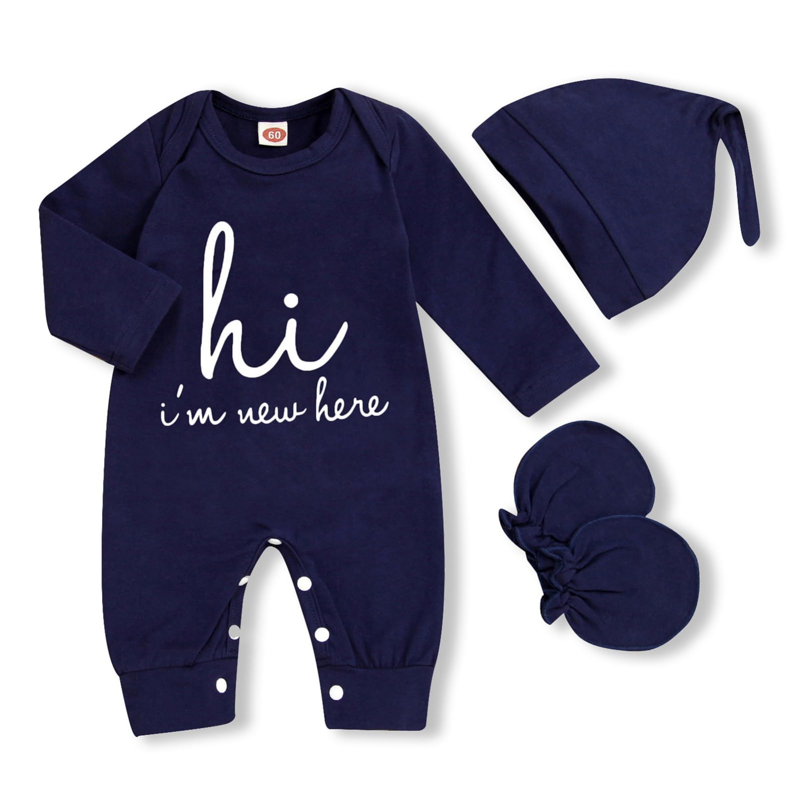 Photo 1 of GRNSHTS Newborn Baby Boy Romper Coming Home Outfits Letter Print Bodysuit Jumpsuit+Hat+Gloves 3PCS Clothes Set (A-Navy Blue, 0-3M)