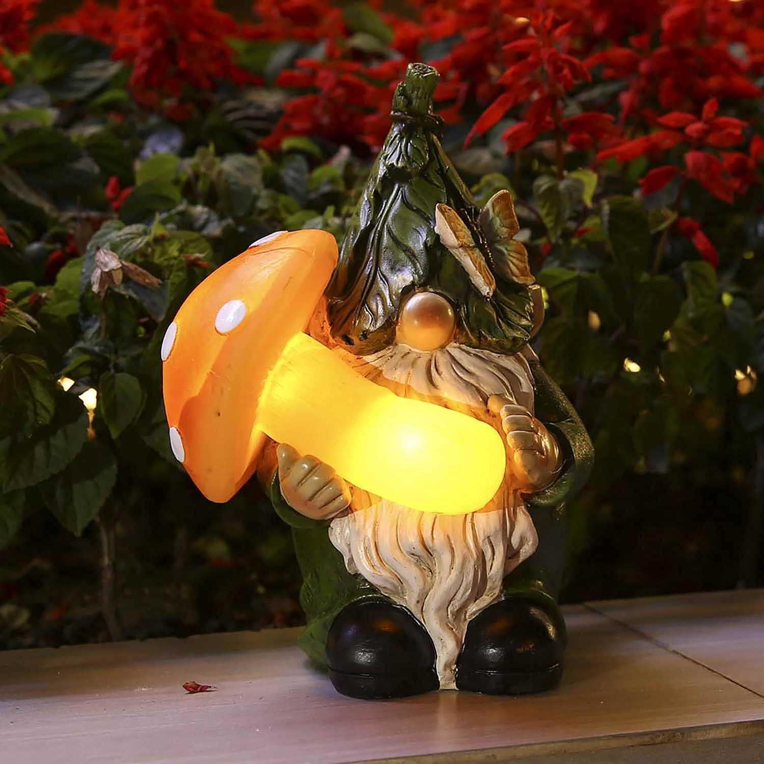 Garden Gnome Statues - Resin Figurine Carrying Mushroom with Solar LED Lights, Outdoor Spring Decorations for Patio Yard Lawn Porch, Ornament Gift