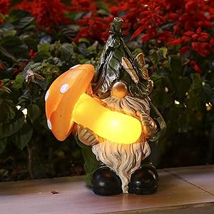 Garden Gnome Statues - Resin Figurine Carrying Mushroom with Solar LED Lights, Outdoor Spring Decorations for Patio Yard Lawn Porch, Ornament Gift