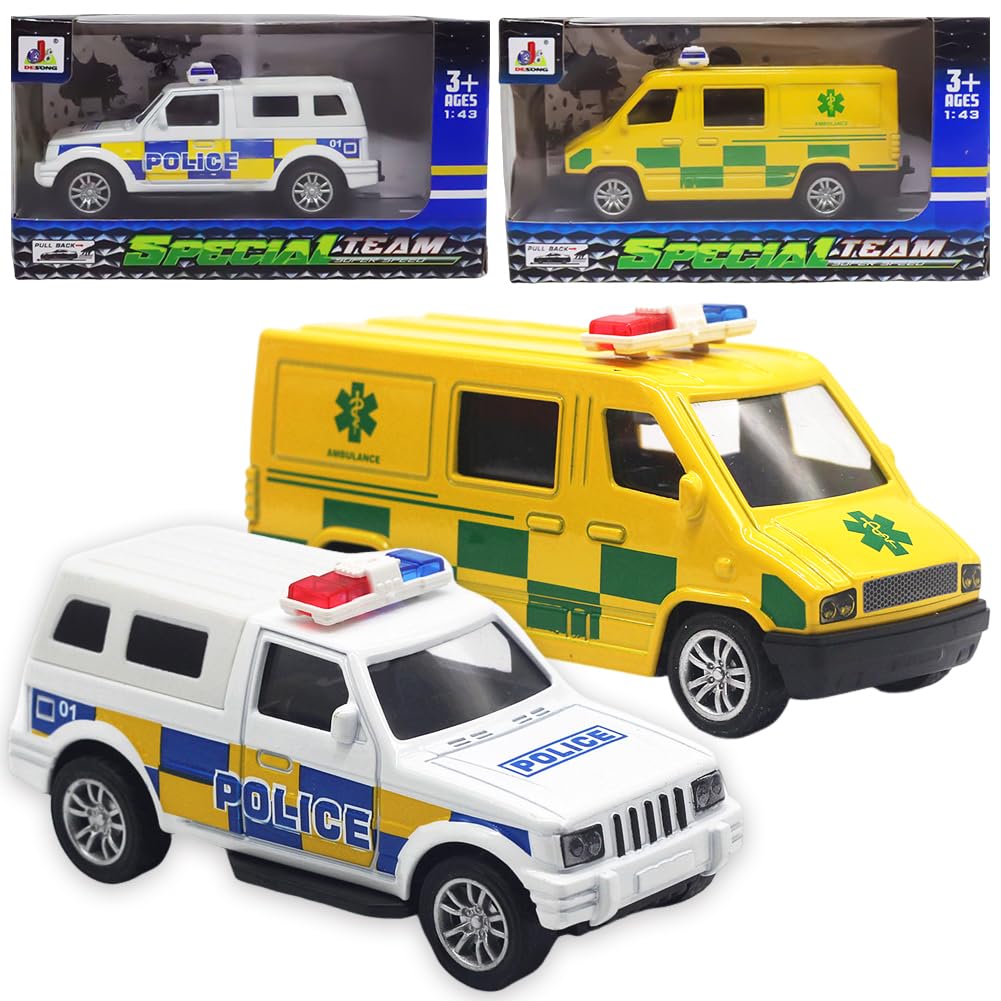 WFKKMEQ Model Car, 2PCS Toy Vehicles Set Friction Powered Vehicle Ambulance Toy Diecast Model Cars Alloy Pull Back Vehicles Toys 1:43 Scale Emergency Vehicle Toys Souvenir Gifts for Boys and Girls