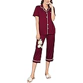Ekouaer Capri Pajamas for Women Short Sleeve Button Down Sleepwear Comfy Lounge Set 2-Piece Pants Pjs