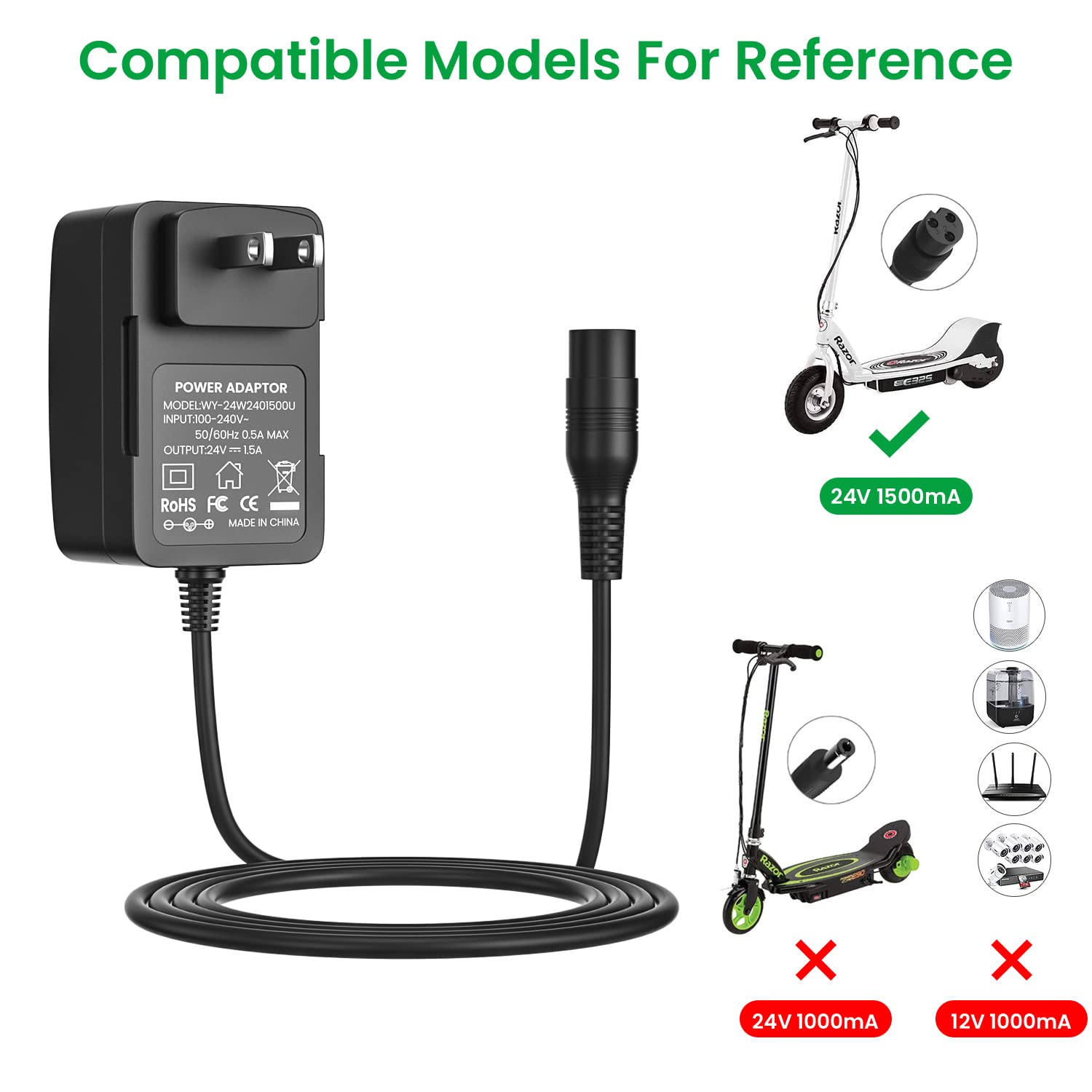 24V 1.5A Electric Scooter Charger for Razor E100, E200, E300, E500, PR200, MX350, Dirt Bike, Pocket Mod, Sports Mod, and Dirt Quad, 24V Electric Battery Charger Replacement for W13112099014