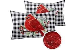 Vandarllin Christmas Outdoor Throw Pillows Covers 12X20 Set of 2 Waterproof Red Cardinals Decorative Zippered Lumbar Cushion Covers for Patio Furniture, White Black Buffalo Check Plaid