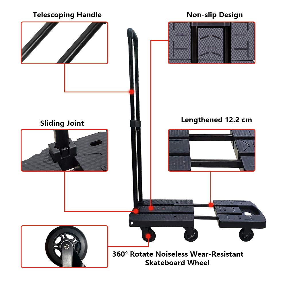 Folding Hand Truck, With Noiseless Wear-Resistant PVC Wheels And Adjustable Drawbar, 40KG/88LBS Capacity And Lightweight(3.1LBS), Portable Heavy Duty And Durable Trolley Dolly Compact Utility Cart - View #4