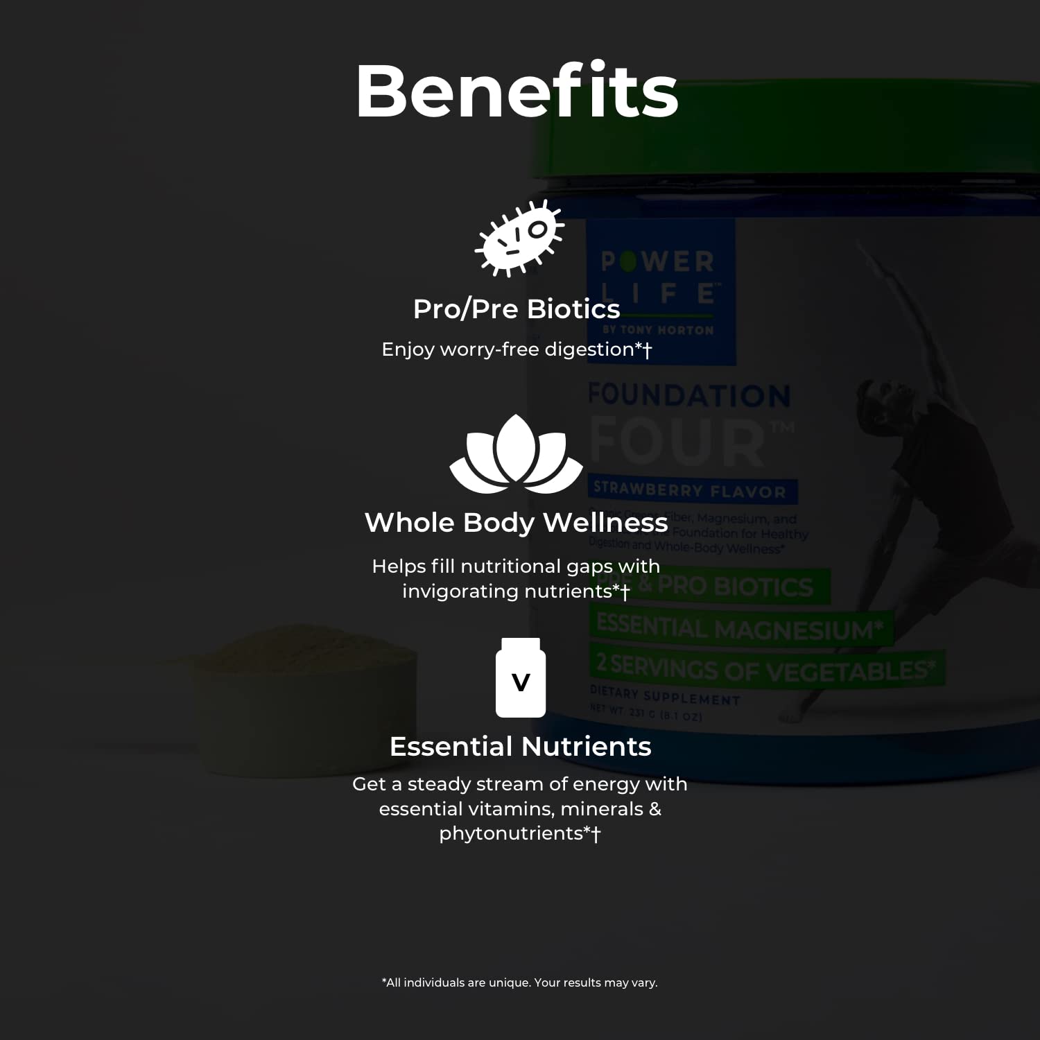 POWERLIFE Tony Horton High Impact Plant Protein Powder with 3000 MG of HMB (Vanilla - New Formula) Foundation Four Greens Drink with Pre & Pro Biotics, Essential Magnesium (Strawberry)