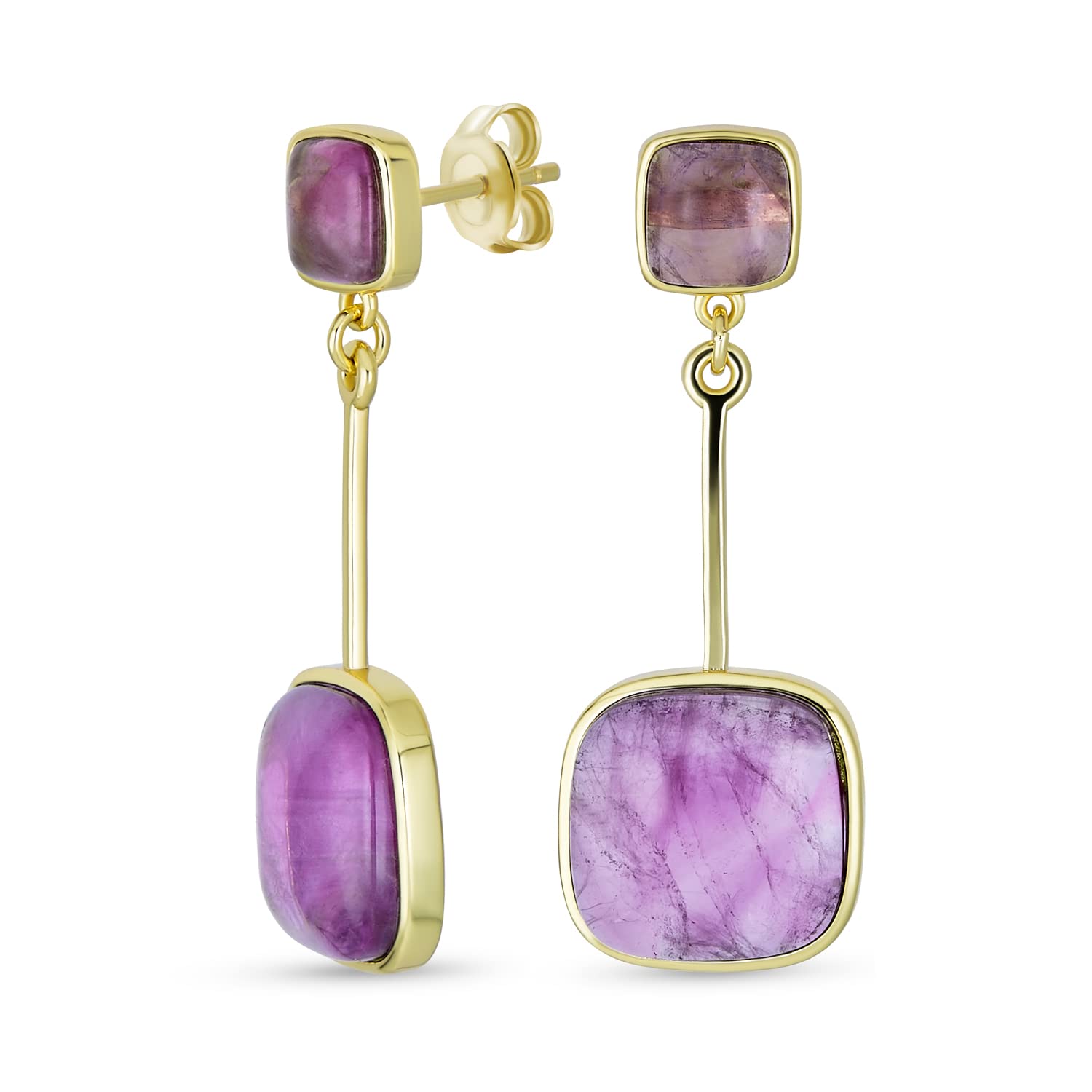 Elegant Simple Geometric Gemstone Natural Briolette Purple Amethyst Square Bar Dangle Earrings For Women Yellow Gold Plated