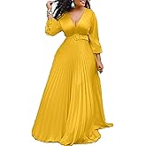SEMATOMALA Women's Plus Size Wrap V Neck Maxi Dress Long Sleeve Pleated A Line Party Prom Wedding Swing Long Skirts