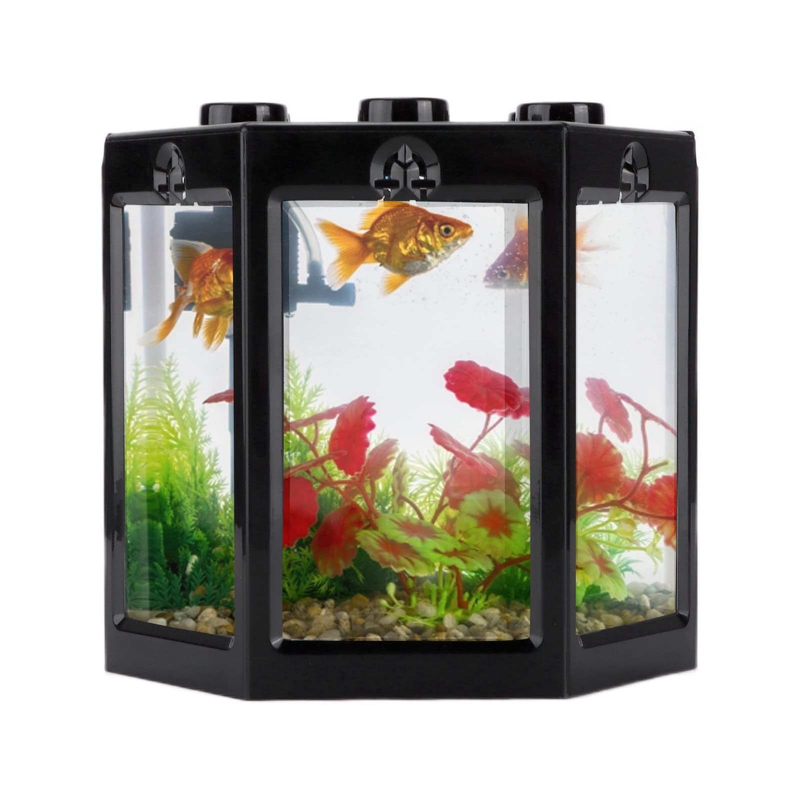 Mrisata Mini Hex Fish Tank Betta Fish Goldfish Tank Desktop Plastic Fish Tank for Living Room Office Home Décor (Black)