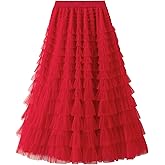 Dirholl Women's A-Line Fairy Patterned Elastic Waist Ruffle Tulle Layered Midi Skirt