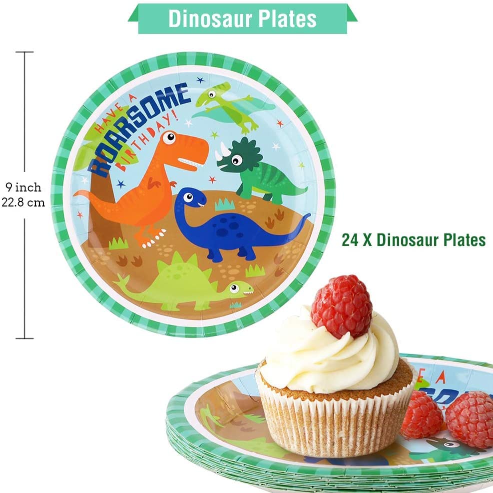 HAPYCITY 144 Pieces Dinosaur Birthday Party Supplies Set Serves 24