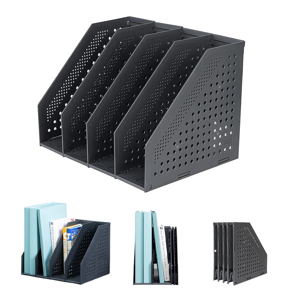 XGOPTS Magazine File Holder Collapsible Magazine Rack Sturdy Magazine File Book PP Holder for Office Organization and Storage with 3 or 4 Vertical Compartments, Grey