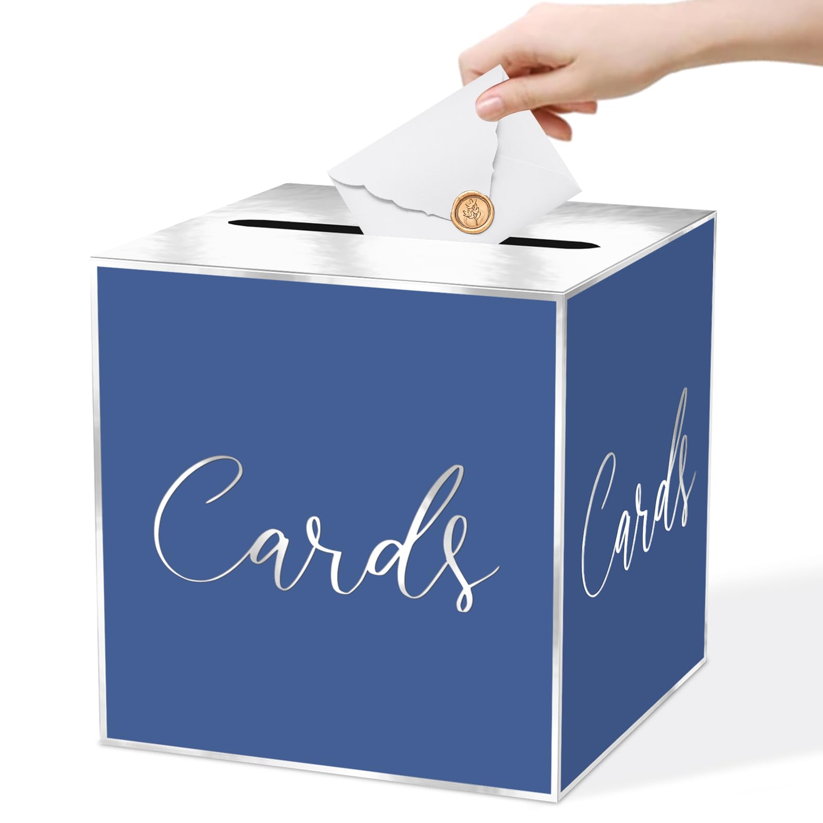 WNINK Silver Foil Blue Card Box for Parties, Weddings, Birthdays, Bridal & Baby Showers, Anniversaries, Graduations & Retirements Party Decorations – Cards, Raffle, Wishes & Money Card Boxes