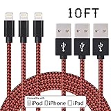 Akaho iPhone Cable,3Pack 10FT Extra Long Nylon Braided Cord Lightning Cable Certified to USB Charging Charger for iPhone 7/7 Plus/6S/6S Plus,SE/5S/5,iPad,iPod Nano 7 (Black+Red,10FT)