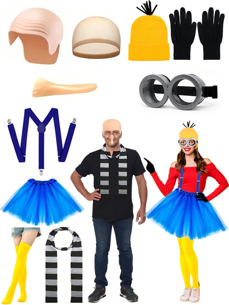 Photo 1 of 10 Pcs Halloween Couple Costume Set Include Black Gray Striped Scarf Fake Nose Bald Cap Mesh Wig Cap Yellow Beanie Goggles Gloves Elastic Suspender Skirt Socks for Adult Men Women Character Dress Up