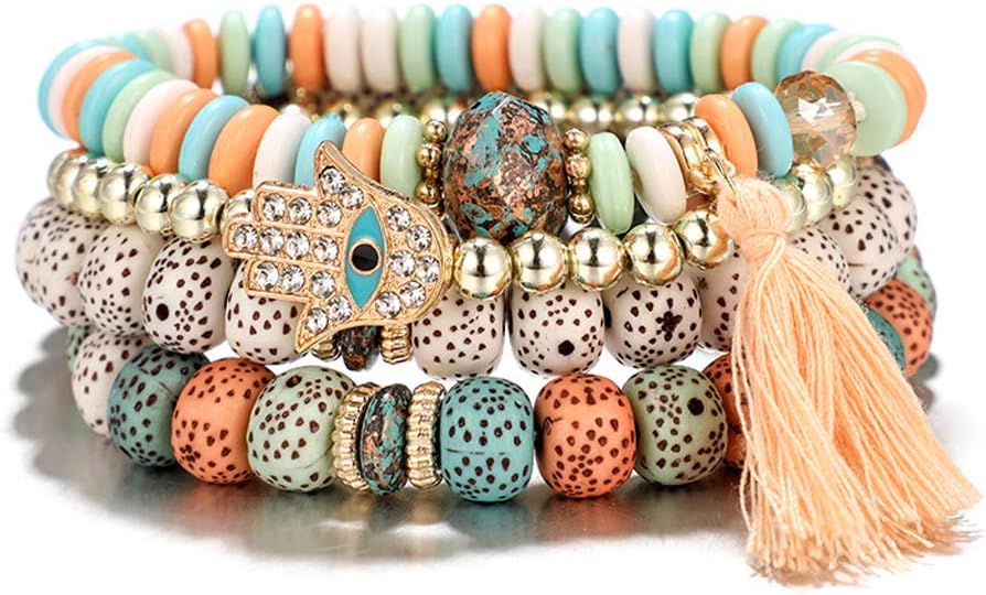 WDTong Set Of 4 Evil Eye Fatima Hamsa Bracelet, Hand Wood Beads Bangle Bracelets Wealth And Good Luck Women Men Unisex