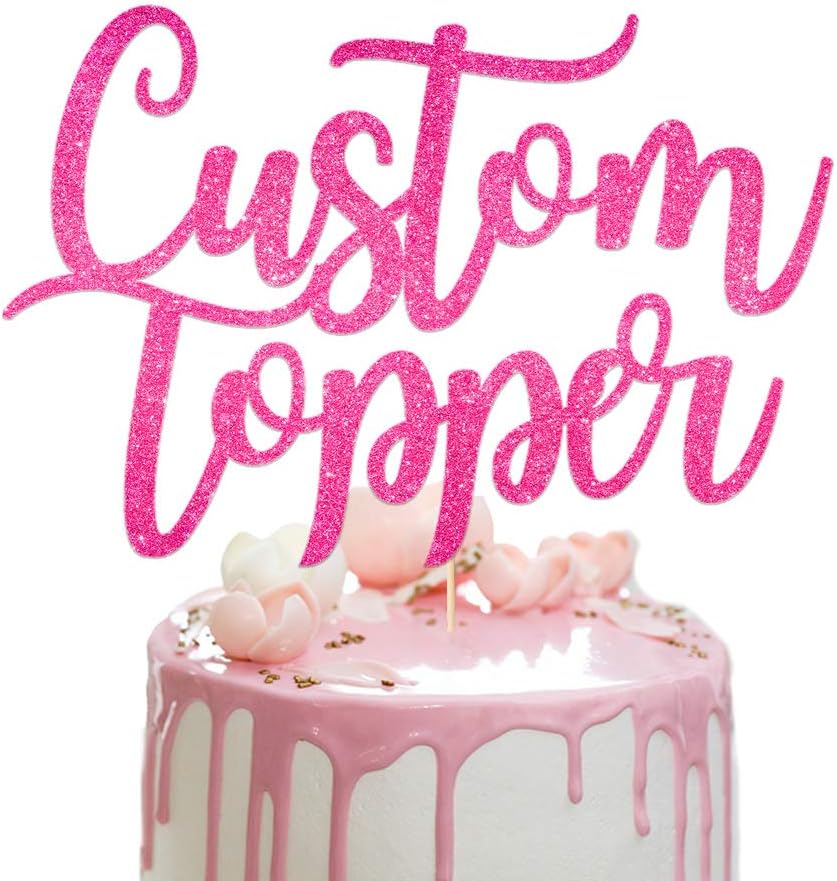 Personalised Cake Topper Happy Birthday Decorations Double Sided Glitter Card Any Text Customised Wedding Party Multicolour 1st 13th 16th 18th 21st 30th 40th 50th 60th 70th (Pink)