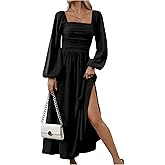 Floerns Women's Square Neck Lantern Long Sleeve Dress Split Ruched Party Midi Dresses