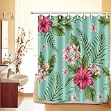 LB Hawaiian Tropical Leaves Flowers Decor Shower Curtain for Bathroom, Hibiscus Plumeria Areca Palm Floral Theme, Water Repellant Non Toxic Decor Curtain, 70 x 70 Inch