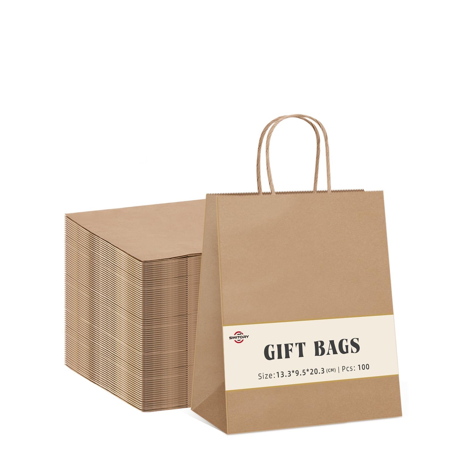 Switory 100pc Brown Gift Bags with Handles, Small Paper Bag with Handles for Party Favor, Christian,Thanksgiving,Christmas,Birthday,Wedding,13.3x9.5x20.3cm