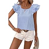 Women's 2025 Summer Top Ruffle Butterfly Sleeve Square Neck Bow Knot Textured Shirt Casual Blouses