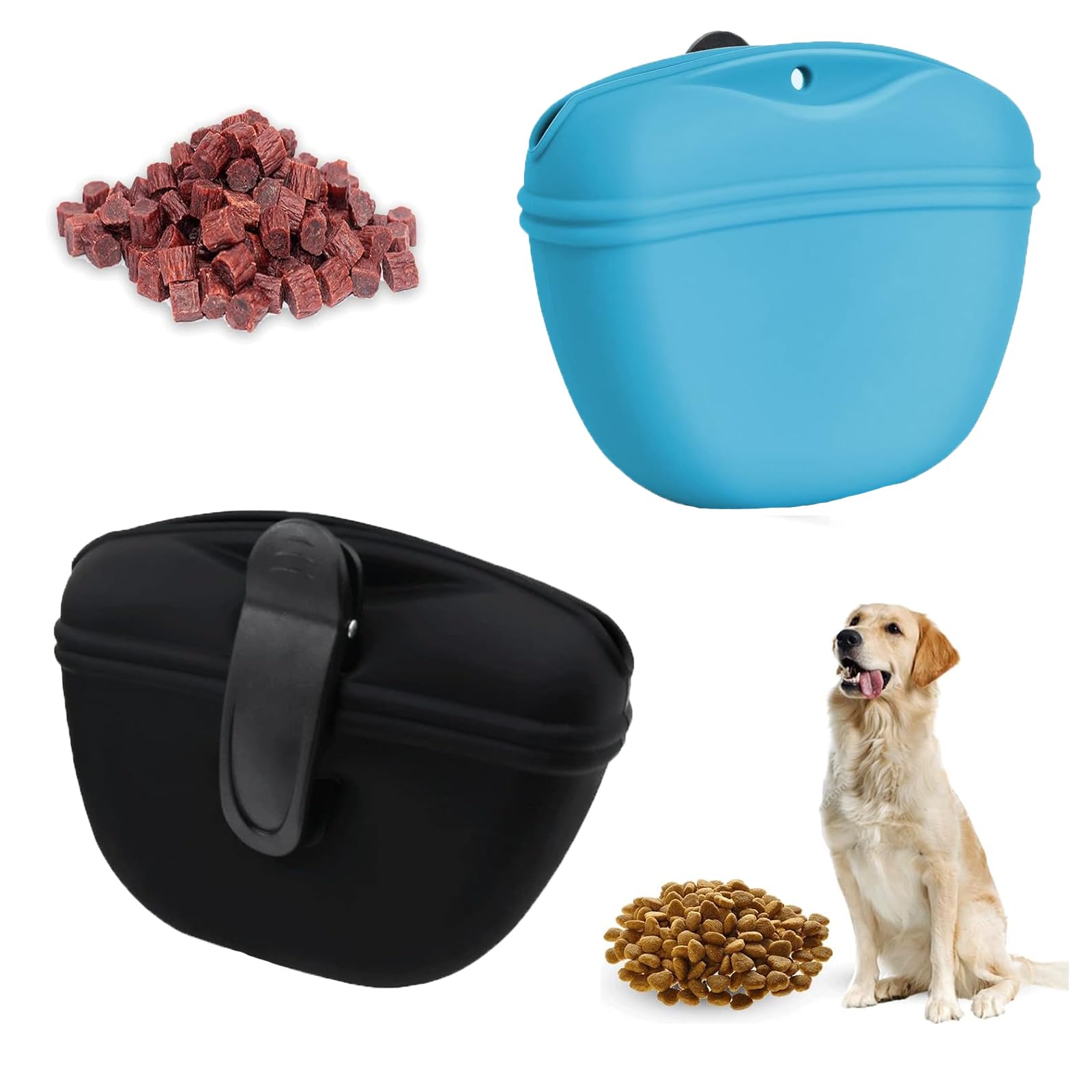 QXCFTW 2Pcs Dog Treat Pouch, Silicone Dog Treat Pouch, Dog Treat Bag, Dog Treat Pouches for Training, Silicone Pouch, for Dog Training, for Outdoor Use(Blue, Black)