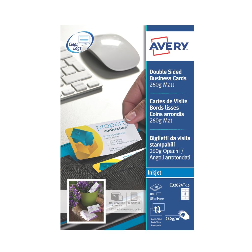 Avery Double sided Business Cards 85 x 54 mm, Pack of 10, White blank , customisable business cards (C32024-10)