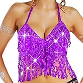 Nicute Silver Sequin Top Fringe Bra Top Sparkly Belly Dance Tops for Women