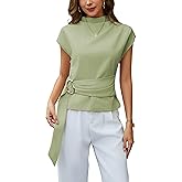 Yeokou Women Buckle Tie Top Stand Collar Belted Short Sleeve Elegant Dressy Spring Summer Business Casual Party Blouse