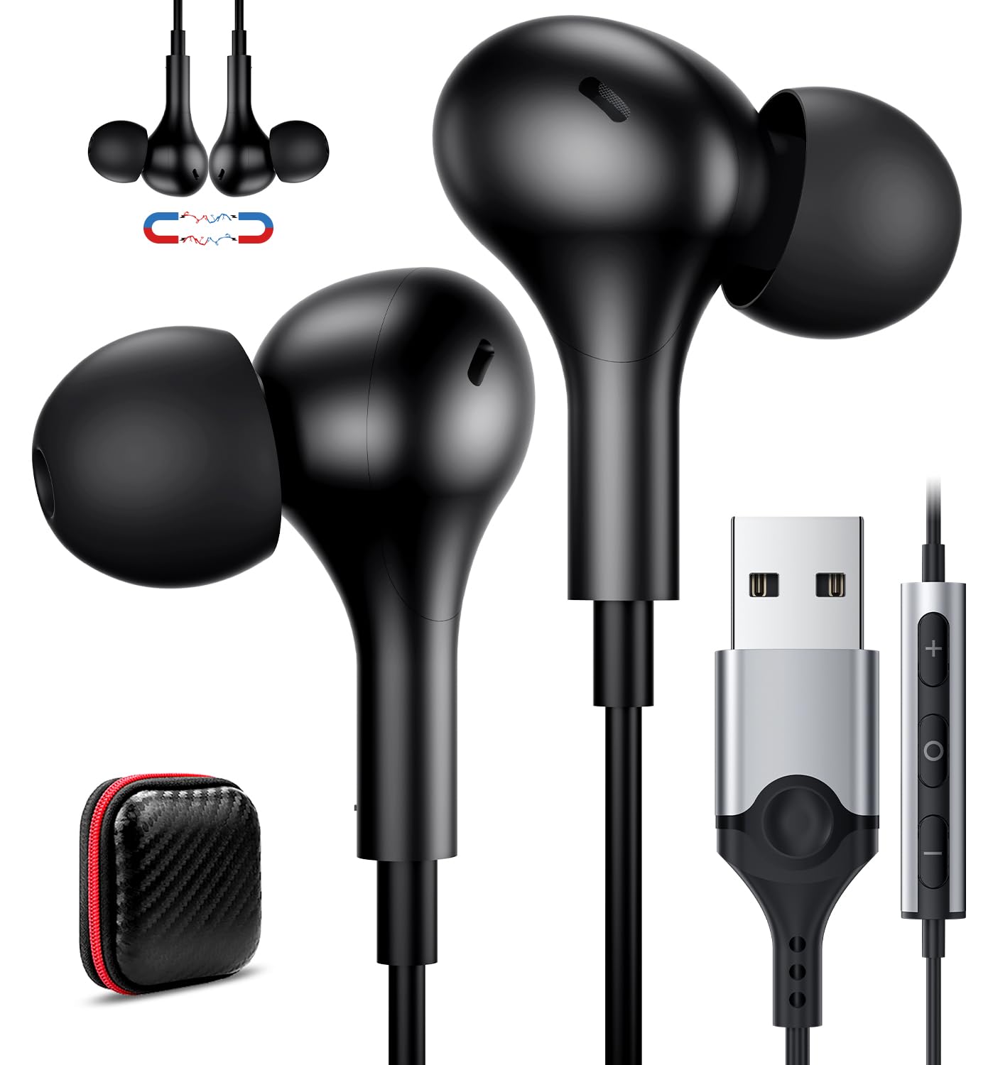 ACAGET USB Earphones for Dell Laptop, Wired USB Headset Computer Headphones with Microphone Magnetic in-Ear Teams Headset for PC Office Work Type A Headphone with Mic Meeting for Chromebook Laptop