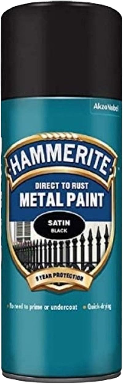 Hammerite Black Metal Spray Paint Satin Finish Direct to Rust 400ml 8 Year