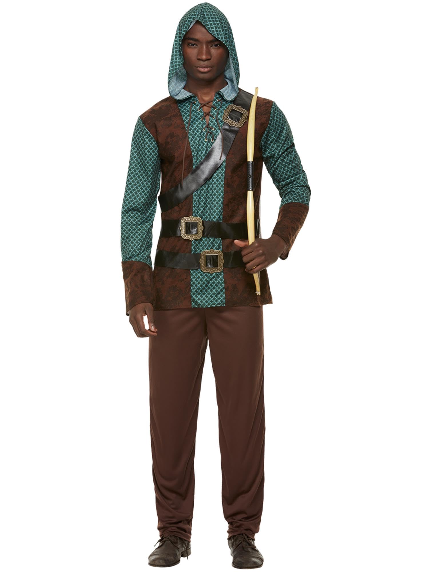Smiffys Deluxe Forest Archer Costume, Green Hooded Top & Trousers, Historical Fancy Dress, Historical Dress Up Costumes