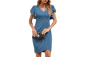 IHOT Women's V Neck Ruffle Sleeve Bodycon Sheath Wrap Ruched Casual Cocktail Party Work Dresses