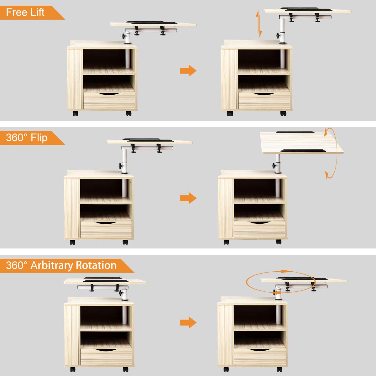 SIDUCAL Multifunctional Bedside Table Height Adjustable & Swiel Wooden Nightstand with Drawers, Rolling Laptop Desk Computer Table, Beige (Right Side)