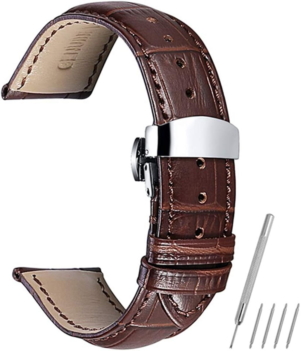 Men's Leather Watchband Universal Watch Butterfly Buckle Strap Steel