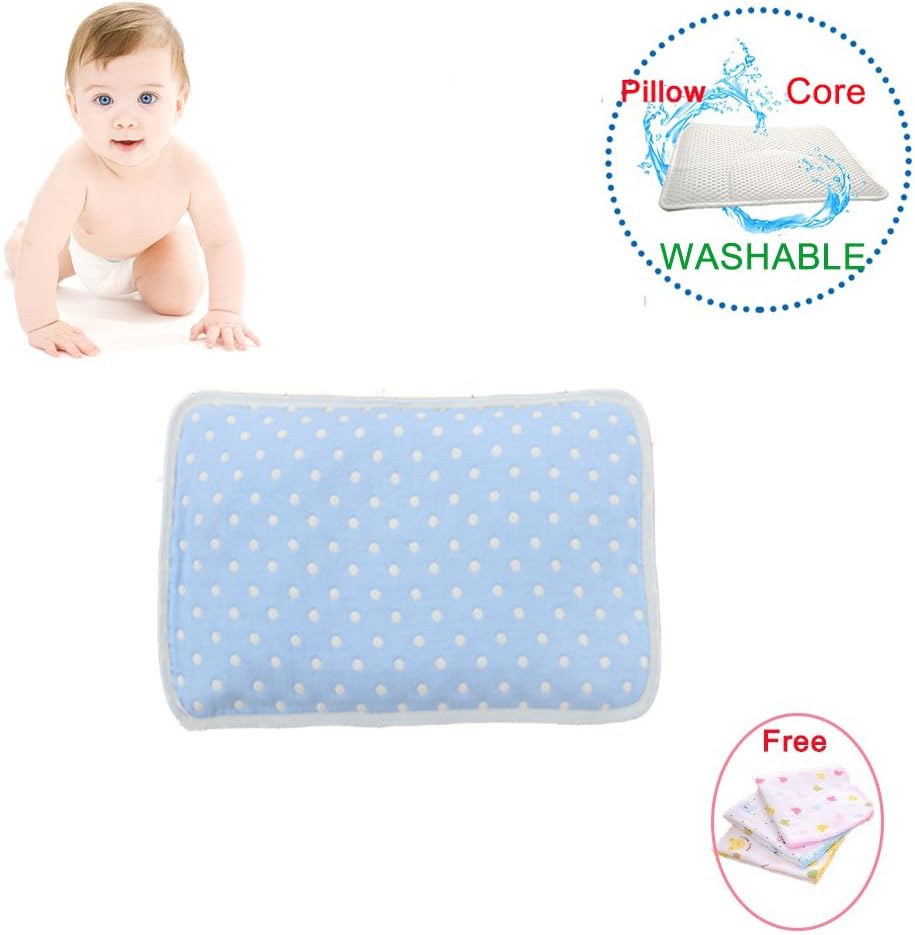 Soft Baby Bed Pillow, 3D Air Mesh Pillow Core with Pressure Dispersion Structure and Organic Cotton Muslin Gauze Pillowcase and Free Burp Set for 0-24 Months