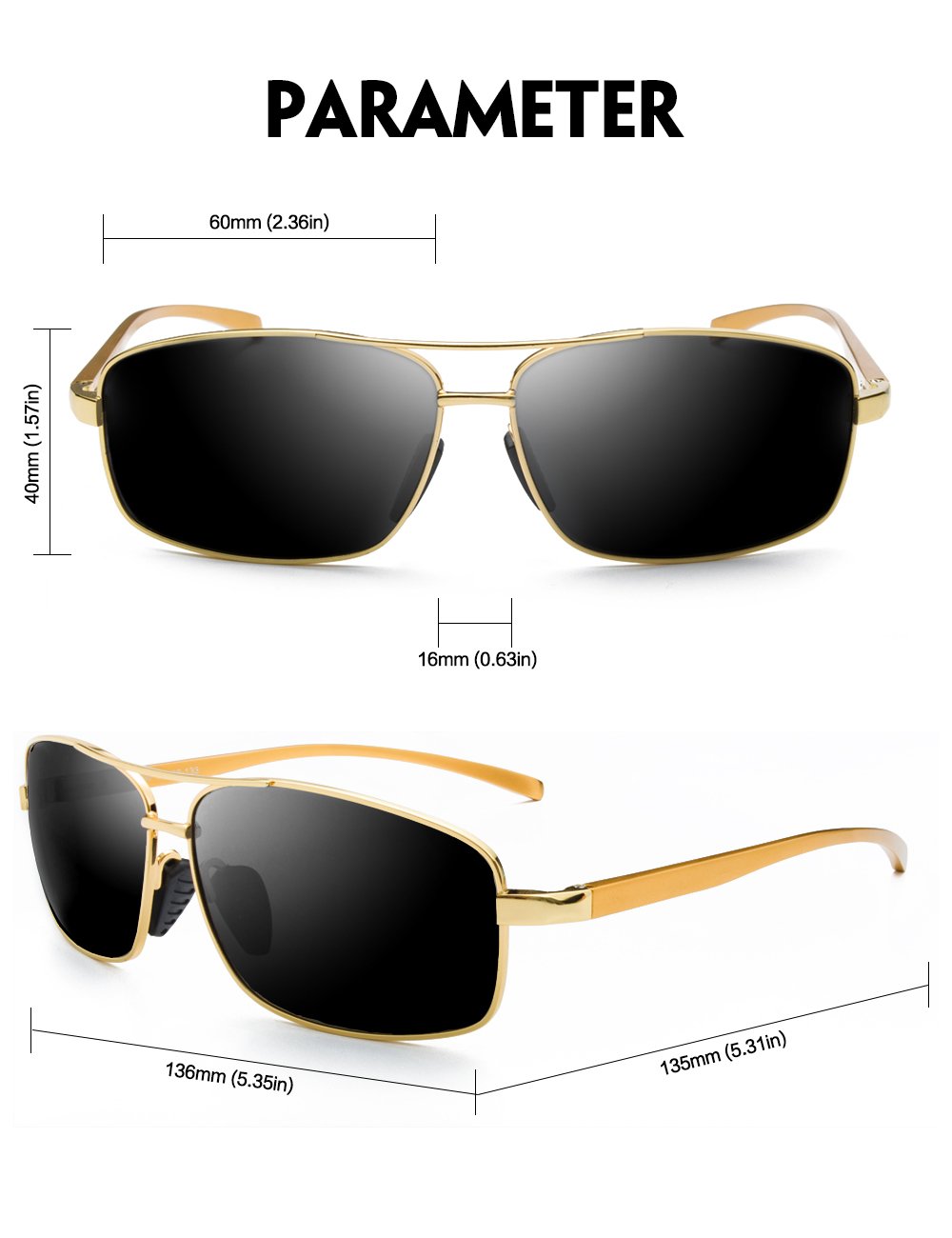 IALUKU Rectangular Polarized Sunglasses for Men Square Retro Aviator Sunglasses (Gold / Grey, 60)