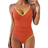 Aidonger One Piece Swimsuit for Women Tummy Control Slimming Bathing Suit Color Block V Neck Swimwear