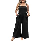 Eytino Plus Size Jumpsuit for Women Spaghetti Strap Sleeveless Overalls Stretchy Wide Leg Pants Long Rompers with Pockets