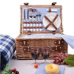 SatisInside INSULATED 17Pcs Kit Deluxe 2 Person Wicker Picnic Basket (Reinforced Handle) W/ Cutlery, Plates, Glasses, Tableware Plus A Free Waterproof Fleece Blanket - Blue Gingham