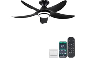 Kviflon 46 inch Ceiling Fans with Lights and Remote/APP Control, Modern Flush Mount Ceiling Fans with 5 Reversible Blades 6 Speeds, 3 Colors Dimmable+Ring Lights for Bedroom Dining Room, Black