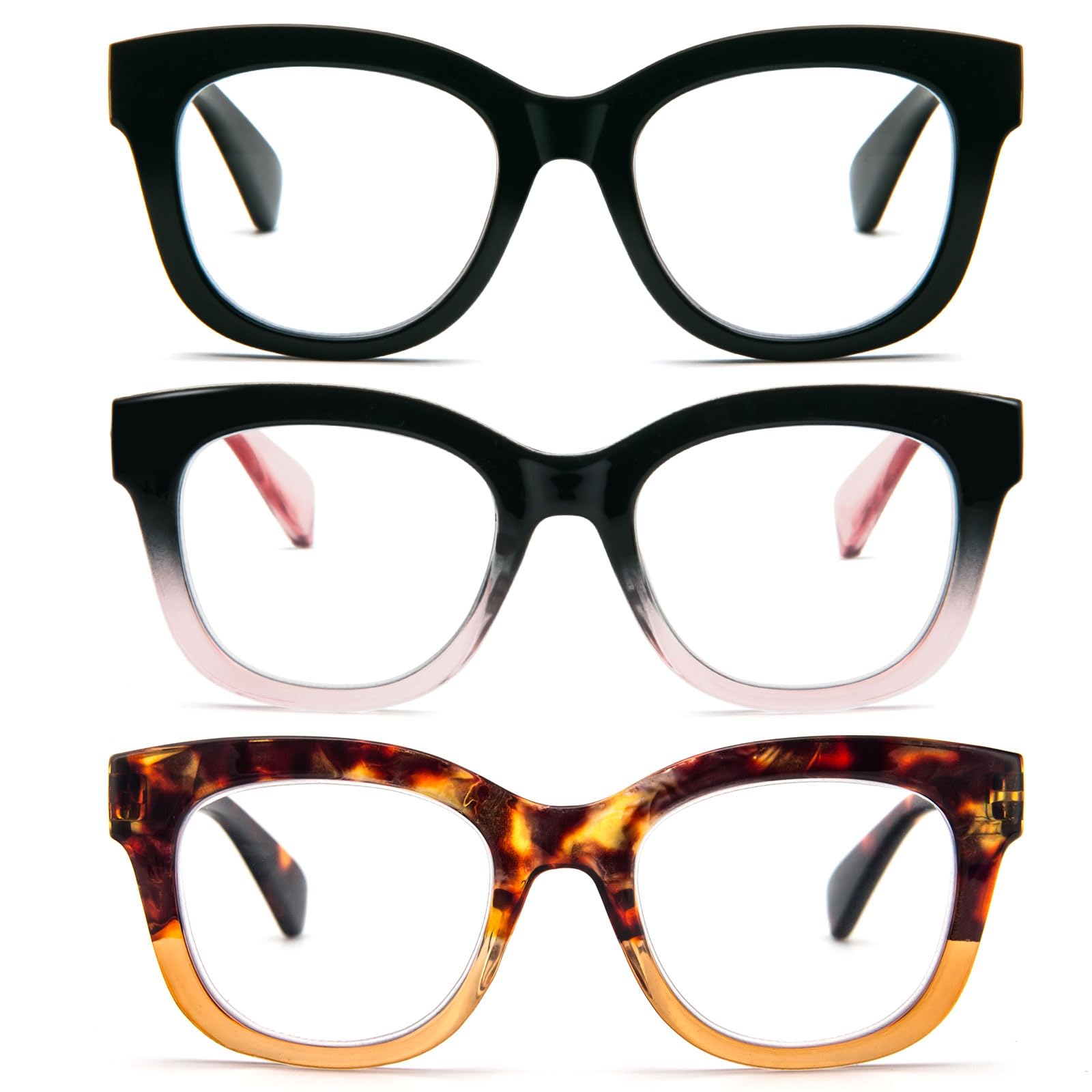 KoKoBin 3-Pack Oversized Reading Glasses For Women Blue Light Blocking Readers with Spring Hinge Ladies Computer Readers (Black、Black Pink、Tortoiseshell Tea, 1)