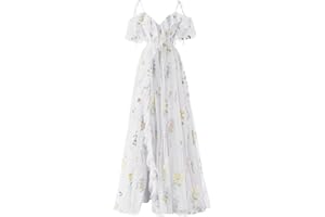 Basgute Women's Flower Embroidery Tulle Prom Dresses Slit Long Spaghetti Straps V Neck Fairy Formal Evening Party Gown