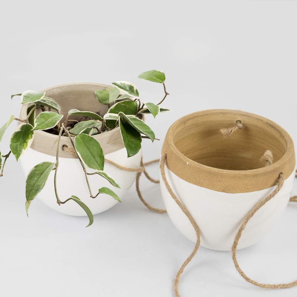Ceramic Hanging Planters Plant Pots - 5.5 Inch White Indoor Hanging Pots Modern Plant Holder with Jute Rope for Succulents Cactus Herbs Small Plants, Home Decor Gift, Set of 2: Garden & Outdoor