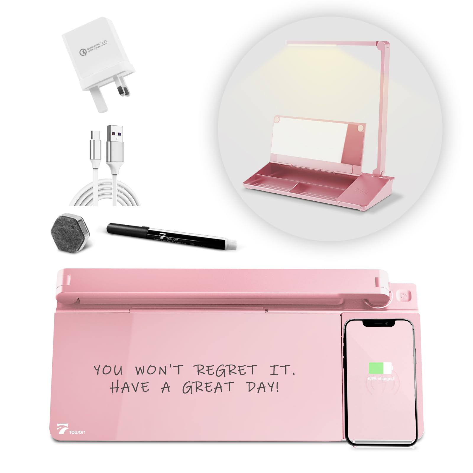 TOWON Desktop Whiteboard with LED Lamp, Desk Board Buddy with Mirror, Light Up Dry Erase Board with Wireless Charging, Glass Dry Erase Board with Storage for Desk, Fast Charging 3.0 Plug, 40 x 14 CM