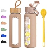 Olivego 24 oz Glass Water Bottle with 2 Lids-Handle Straw Lid & Bamboo Lid,1 Liter Motivataional Tumbler Water Bottle Time Marker, Borosilicate Glass Water Bottles With Silicone Sleeve, Leakproof