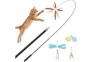 uahpet Natural Feather Cat Toys for Indoor Cats Retractable Kitten Wand 60inch Safe Hunting Distance Interactive Toys for Kit