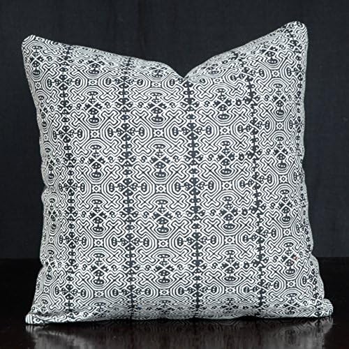 Decorative throw pillow boho home decor 18 inch Hmong batik tribal print fabric cushion, ethnic black white Asian hilltribe fabric. SUN6