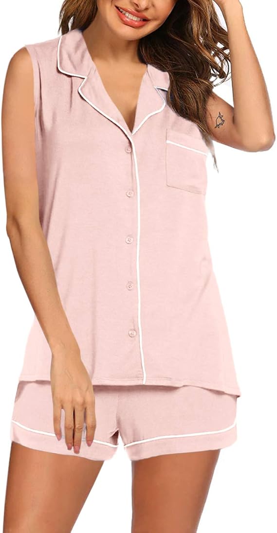 Apbondy Womens Button Down Pajama Set Sleeveless Shirt Blouse Top With Shorts Sleepwear Lounge 
