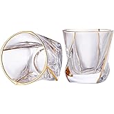 GLASKEY Crystal Whiskey Glasses Set of 2 with 24K Gold Rim,Bar Glasses,Twisted Whiskey Glass Gold Collection for Bourbon,Scotch and Wine,Rock Barware for Men Gift - 8oz