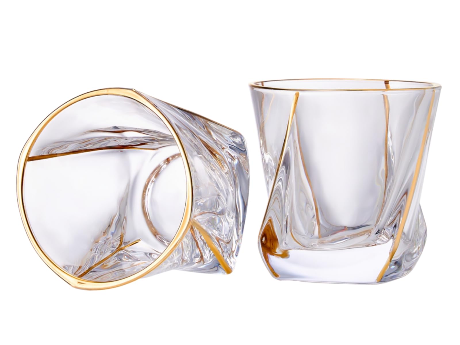 GLASKEY Crystal Whiskey Glasses Set of 2 with 24K Gold Rim,Bar Glasses,Twisted Whiskey Glass Gold Collection for Bourbon,Scotch and Wine,Rock Barware for Men Gift - 8oz